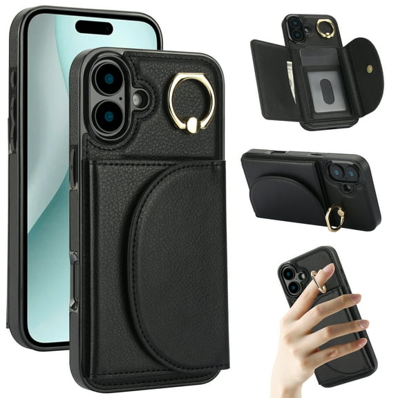for iPhone 16 Wallet Case with Card Holder Women Men, Flip PU Leather Kickstand Shockproof Protective Phone Cover Magnetic Clasp 360 Rotation Ring Stand for iPhone 16, Black