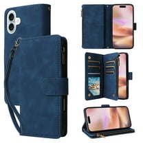for iPhone 16 Wallet Case with Card Holder & Zipper Pocket, PU Leather Flip Cover with Kickstand Magnetic Closure Shockproof Full Protection, Wrist Strap & Crossbody Shoulder Strap, Blue