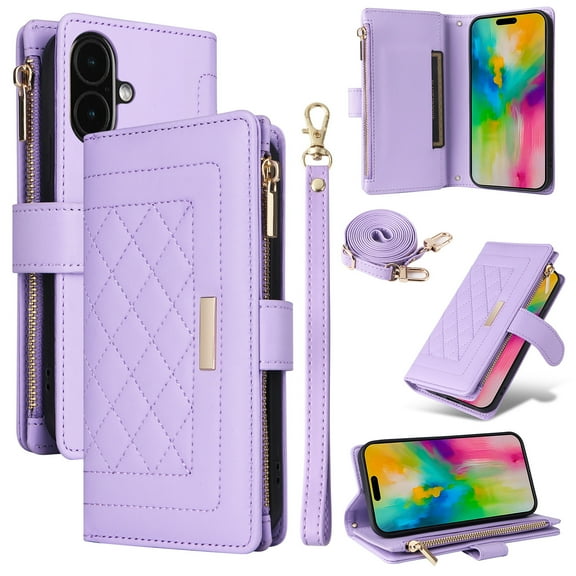 for iPhone 16 Wallet Case with Card Holder/Zipper Wallet Slot/Crossbody Strap+Hand Lanyard,[RFID Blocking][Magnetic Closure] PU Leather Shockproof Flip Kickstand Phone Cover,Purple