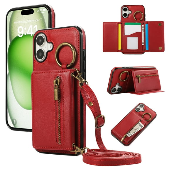 for iPhone 16 Wallet Case with Card Holders for Women Girls, Crossbody Strap Zipper PU Leather Case with Finger Ring Protective Kickstand Designed for iPhone 16, Red