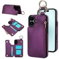 thumbnail image 1 of for iPhone 16 Wallet Case with Card Holders for Women Girls, Zipper Protective PU Leather Case with Finger Ring RFID Protective Kickstand for iPhone 16, Darkpurple, 1 of 8