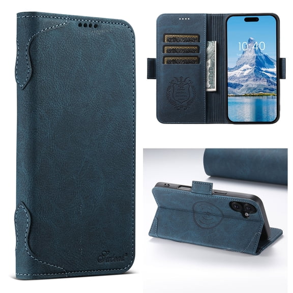 for iPhone 16 Wallet Case with Card Slots & Kickstand, PU Leather Magnetic Flip Cover with Full Body Shockproof Protection, Magnetic Closure Stylish Phone Case for Women Men, Blue