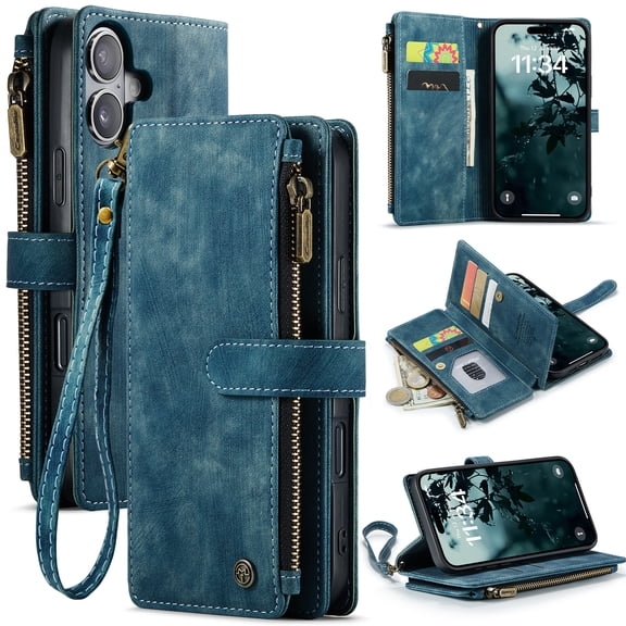for iPhone 16 Wallet Case with Card Slots, Zipper Pocket and Magnetic Flip Folio, RFID Blocking Card Holder Stand Leather Detachable Wristlet Strap 3-in-1 Case for Women and Men,Blue