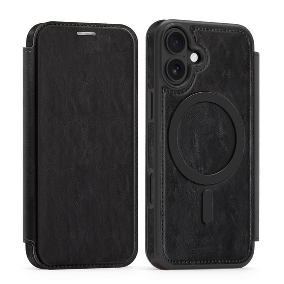 for iPhone 16 Wallet Case, Compatible with MagSafe, Support Wireless Charging, Slim Fit Premium PU Leather Flip Folio Cover with Card Slots Case Wallet for iPhone 16 - Black