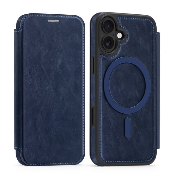 for iPhone 16 Wallet Case, Compatible with MagSafe, Support Wireless Charging, Slim Fit Premium PU Leather Flip Folio Cover with Card Slots Case Wallet for iPhone 16 - Blue