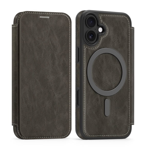 for iPhone 16 Wallet Case, Compatible with MagSafe, Support Wireless Charging, Slim Fit Premium PU Leather Flip Folio Cover with Card Slots Case Wallet for iPhone 16 - Gray