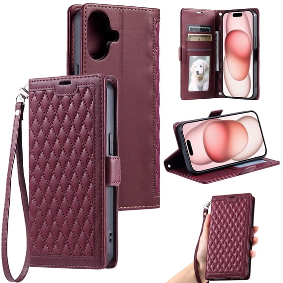 For iPhone 16 Wallet Case,Crossbody Strap Diamond Patterned PU Leather Flip Cover with RFID Blcoking Card Slots Cash Pocket Wrist Strap Kickstand Phone Case for Women Girls,Red