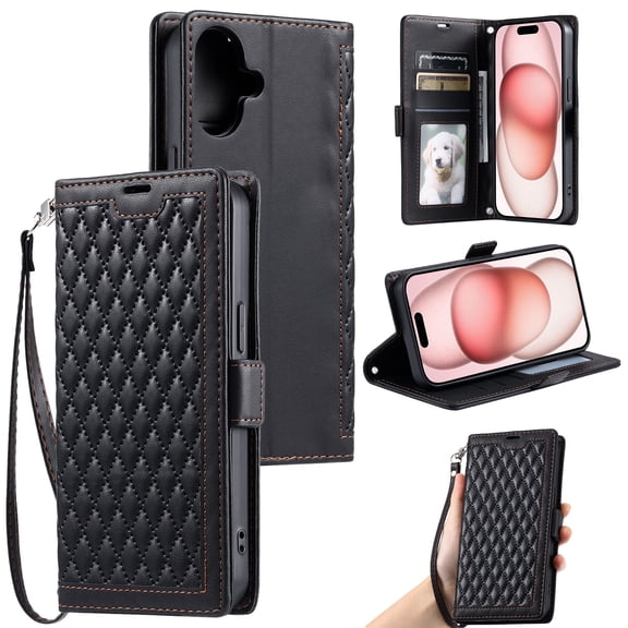 For iPhone 16 Wallet Case,Crossbody Strap Diamond Patterned PU Leather Flip Cover with RFID Blcoking Card Slots Cash Pocket Wrist Strap Kickstand Phone Case for Women Girls,Black