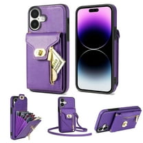 For iPhone 16 Wallet Case, Crossbody Strap Phone Case with Zipper Card Holder, RFID Blocking PU Leather Cover for Women, Adjustable Anti-Theft Zipper Pocket for iPhone 16,Purple