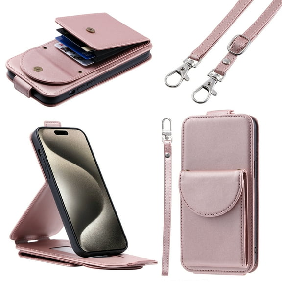For iPhone 16 Wallet Case, Crossbody Strap & Wrist Lanyard,Minimalist PU Leather ID Cash Credit Card Holder Slots Magnetic Closure Kickstand Folio Flip Protective Cover,Rosegold