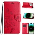 thumbnail image 1 of For iPhone 16 Wallet Case,Cute Embossed Butterfly & Flower Patterned Flip Premium PU Leather [Flip Kickstand] [Card Slots] [Wrist Strap] [Magnetic Closure] Phone Cover, Red, 1 of 9