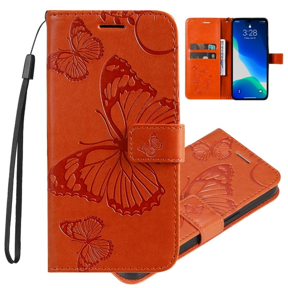 for iPhone 16 Wallet Case, Kickstand Case with Credit Card Holder, Embossed Butterfly Pattern with Strap Premium PU Leather Magnetic Closure Shockproof Protective Flip Cover, Orange