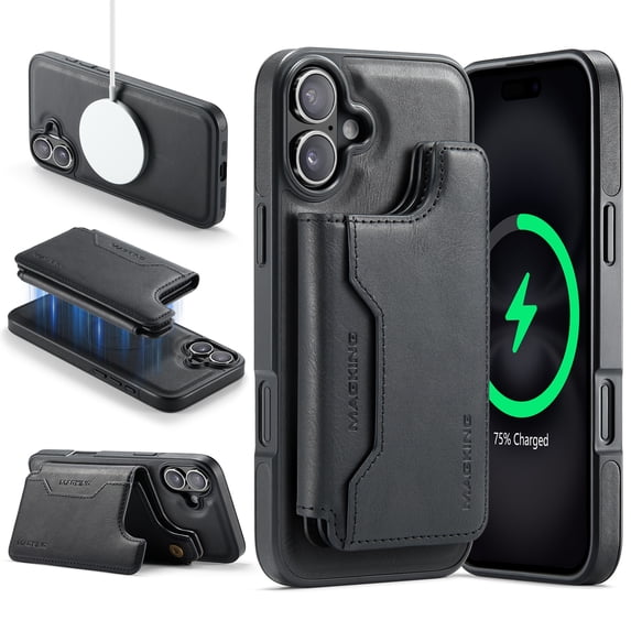 for iPhone 16 Wallet Case with Kickstand, Detachable Magnetic Card Holder, RFID Blocking PU Leather Cover, Drop Protective Classic Flip Back Case for iPhone 16, Black