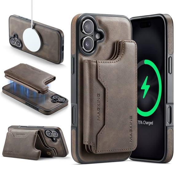 for iPhone 16 Wallet Case with Kickstand, Detachable Magnetic Card Holder, RFID Blocking PU Leather Cover, Drop Protective Classic Flip Back Case for iPhone 16, Coffee