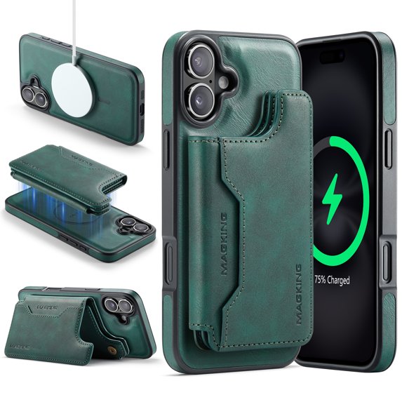 for iPhone 16 Wallet Case with Kickstand, Detachable Magnetic Card Holder, RFID Blocking PU Leather Cover, Drop Protective Classic Flip Back Case for iPhone 16, Green