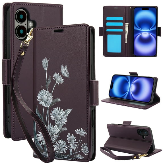 for iPhone 16 Wallet Case, Luxury Flower Pattern RFID Blocking Wrist Strap Flip Folio Cover with Kickstand Feature for Women Girls, PU Leather Phone Case for iPhone 16, Darkpurple