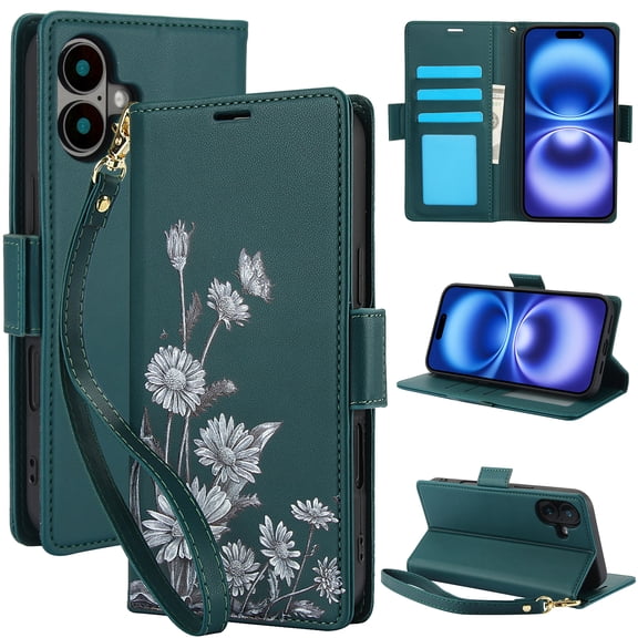for iPhone 16 Wallet Case, Luxury Flower Pattern RFID Blocking Wrist Strap Flip Folio Cover with Kickstand Feature for Women Girls, PU Leather Phone Case for iPhone 16, Green