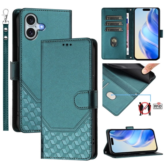 for iPhone 16 Wallet Case for Men Women, RFID Blocking Card Holder Slots, Wrist Strap & Shoulder Strap Shockproof TPU Inner, Kickstand PU Leather Protective Phone Cover, Darkgreen