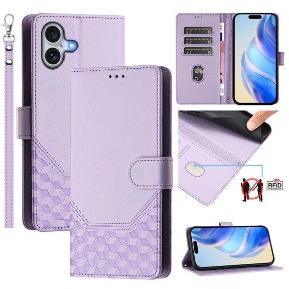for iPhone 16 Wallet Case for Men Women, RFID Blocking Card Holder Slots, Wrist Strap & Shoulder Strap Shockproof TPU Inner, Kickstand PU Leather Protective Phone Cover, Purple