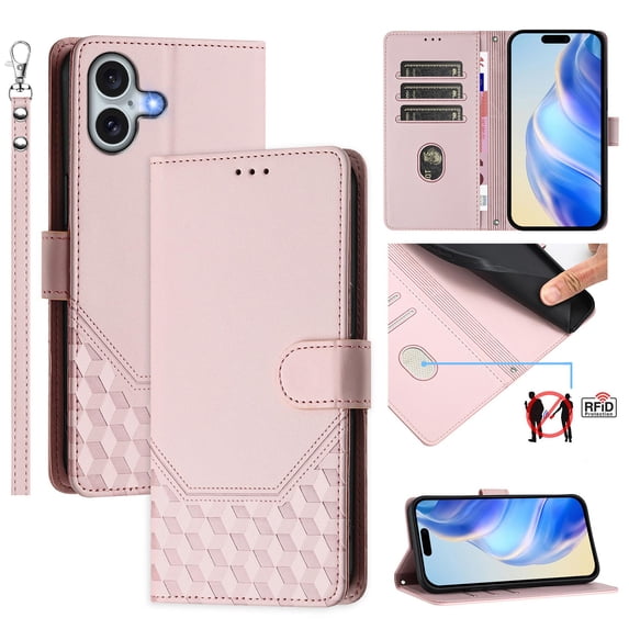 for iPhone 16 Wallet Case for Men Women, RFID Blocking Card Holder Slots, Wrist Strap & Shoulder Strap Shockproof TPU Inner, Kickstand PU Leather Protective Phone Cover, Pink