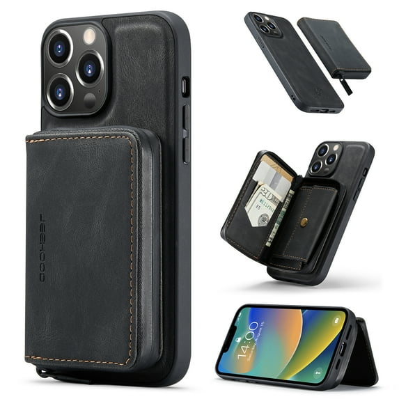 for iPhone 16 Wallet Case, Minimalist Luxury PU Leather Magnetic Detachable Credit Card Holder, 2 in 1 Zipper ID Cash Slot, Magnetic Closure Kickstand Folio Flip Slim Cover,Black