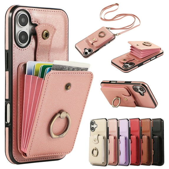 For iPhone 16 Wallet Case, Multiple Cards Holder Crossbody Shoulder Strap Ring Holder Kickstand Premium PU Leather Shockproof Lightweight Phone Case for Apple iPhone 16, Rosegold