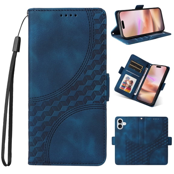 for iPhone 16 Wallet Case, Pattern PU Leather Purse Phone Case with [Credit Card Slots] [Wrist Strap] Flip Stand Shockproof Full Body Protective Cover for iPhone 16, Blue