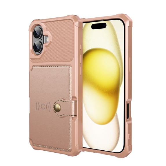 for iPhone 16 Wallet Case, RFID Blocking Card Holder Slot Kickstand Magnetic Button Closure Women Men Heavy Duty Shockproof Rugged Back Cover for iPhone 16, Rosegold