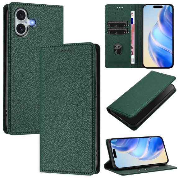 for iPhone 16 Wallet Case with RFID Blocking Card Slots, Fashion PU Leather Flip Kickstand Magnetic Phone Cover Women Men, Support Wireless Charging, Full Body Protection - Darkgreen