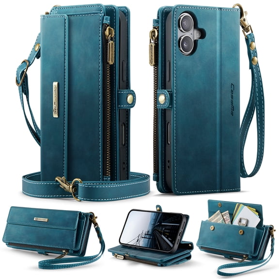for iPhone 16 Wallet Case with RFID Blocking Card Slots Zipper Pocket, PU Leather Kickstand Full Body Rugged Protection Shoulder & Wrist Strap Heavy Duty Shockproof Cover, Green