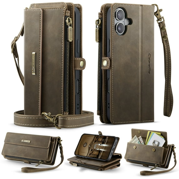 for iPhone 16 Wallet Case with RFID Blocking Card Slots Zipper Pocket, PU Leather Kickstand Full Body Rugged Protection Shoulder & Wrist Strap Heavy Duty Shockproof Cover, Coffee