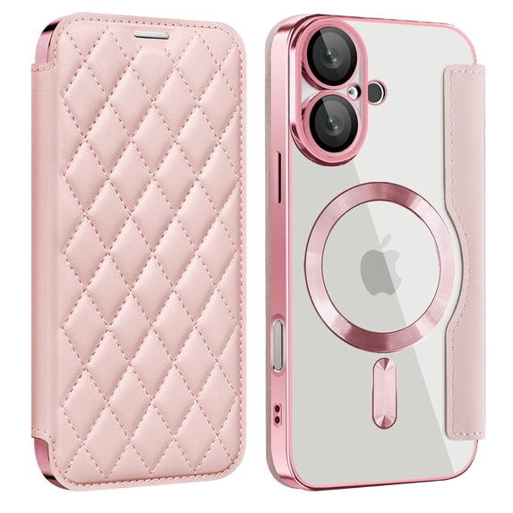 for iPhone 16 Wallet Case with RFID Blocking Credit Card Holder,Compatible with MagSafe,PU Leather Flip Kickstand Shockproof Cover Women Men for iPhone 16 Phone case,Pink