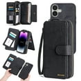 thumbnail image 1 of For iPhone 16 Wallet Case with RFID Blocking Credit Card Holder, Detachable Wallet Phone Case Magnetic Closure Flip Kickstand PU Leather Flip Lanyard Strap Wristlet Zipper Purse,Black, 1 of 8