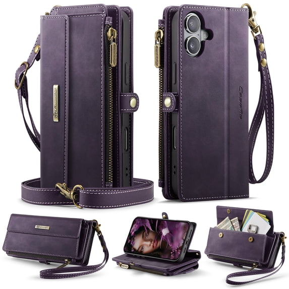 for iPhone 16 Wallet Case with RFID Blocking, Zipper Pocket Kickstand Magnetic Clasp, PU Leather Heavy Duty Cover with Shoulder and Wrist Strap – Rugged Full-Body Protection, Purple