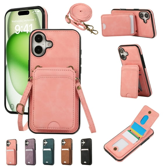 for iPhone 16 Wallet Case with Shoulder Lanyard Strap, Crossbody Phone Case with Card Holder Slots for Women Girls, Luxury PU Leather Flip Stand Purse Cover Shockproof Case, Pink