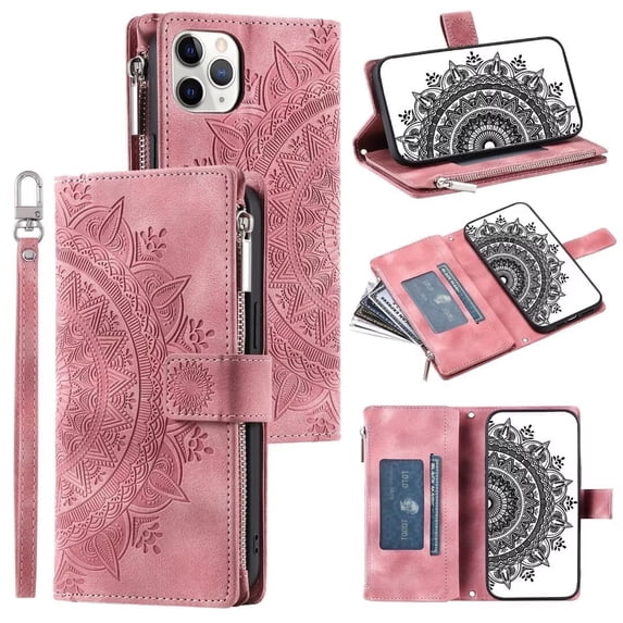 For iPhone 14 Plus Wallet Case,PU Leather Pressed Sunflowers Leather Zipper Flip Wallet Multi Card Slots Photo Frame Phone Bag Case , Pink