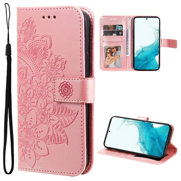 for iPhone 16 Wallet Case for Women, with Card Holder Embossed Mandala Flower Flip PU Leather Magnetic Protective Kickstand Cover with Lanyard for iPhone 16, Rosegold