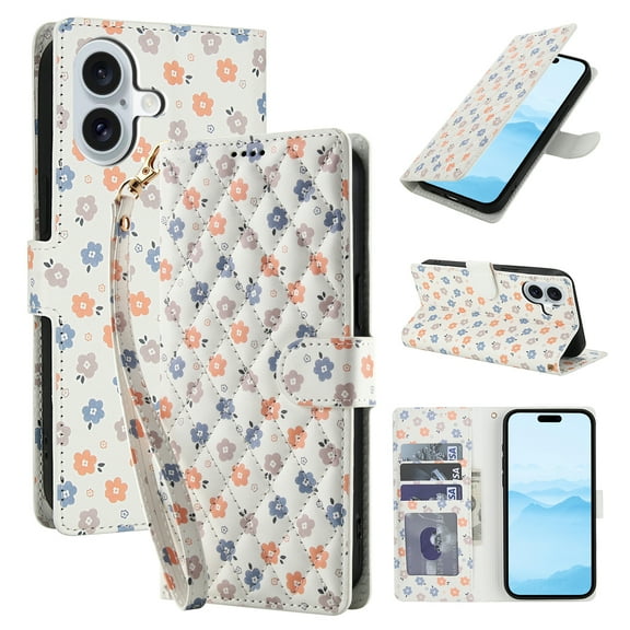 for iPhone 16 Wallet Case Women Girls, Cute Floral Pattern PU Leather Flip Phone Cover with Card Holder, Kickstand, Wrist Strap, Protective Purse Case for iPhone 16, Pattern-B