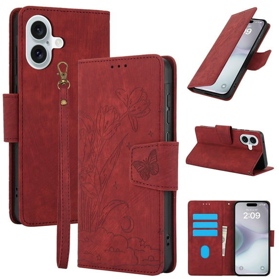 For iPhone 16 Wallet Case for Women, with RFID Blocking Card Slots, Kickstand ,Floral Butterfly Embossing PU Leather Wallet Shockproof Anti-fall Phone Case With Strap,Red