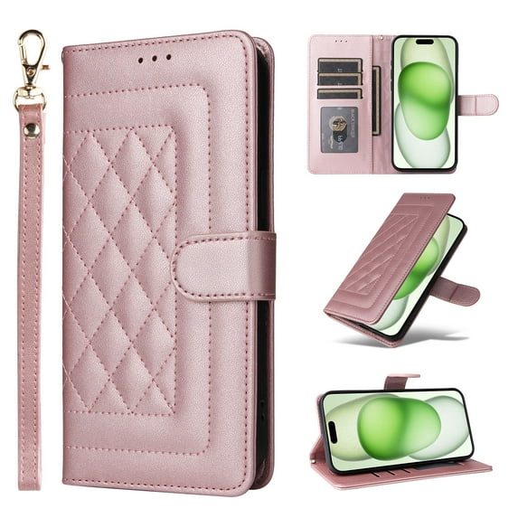 for iPhone 16 Wallet Flip Case, Classic PU Leather Card Slots with Lanyard Magnetic Closure Kickstand Drop Protective Soft TPU Inner Phone Case Cover for iPhone 16, Rosegold