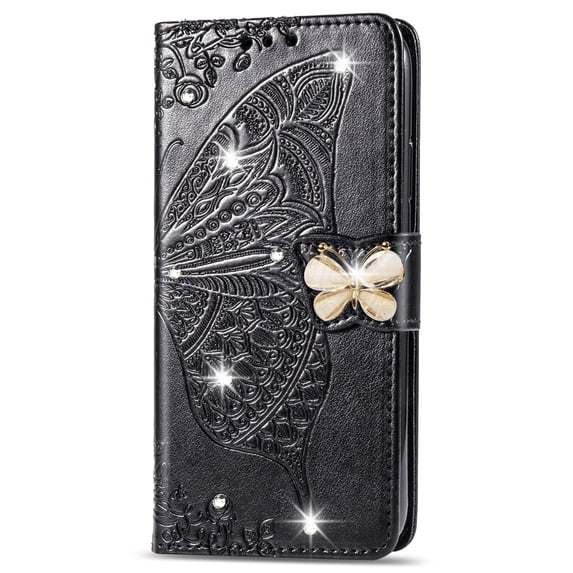 For iPhone 16 Wallet Phone Case,Flip Folding Kickstand,With Wrist Strap,Card Slots,Luxury Diamond Butterfly&Flower Embossing PU Leather Shockproof Anti-fall Phone Case,Black