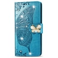 thumbnail image 1 of For iPhone 16 Wallet Phone Case,Flip Folding Kickstand,With Wrist Strap,Card Slots,Luxury Diamond Butterfly&Flower Embossing PU Leather Shockproof Anti-fall Phone Case,Blue, 1 of 8