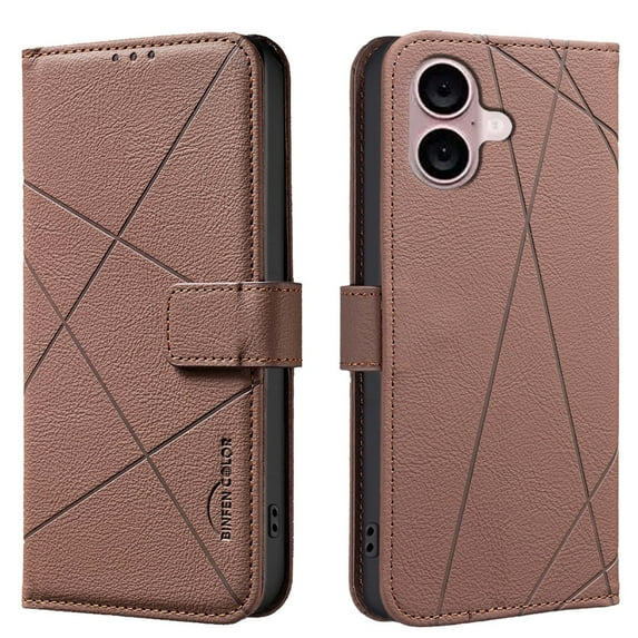 For iPhone 16 Wallet Phone Case,RFID Blocking Card Slots Holder Premium PU Leather,Flip Folio Kickstand,Line Embossing Designing,Magnetic Closure,Shockproof Anti-fall Phoe Case,Brown