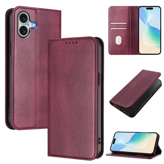 For iPhone 16 Wallet Phone Case,Retro PU Leather Magnetic Folio Cover with RFID Blocking Card Holder,Flip Folding Kickstand,Anti-fall Shockproof Durable Protective Phone Case,Winered