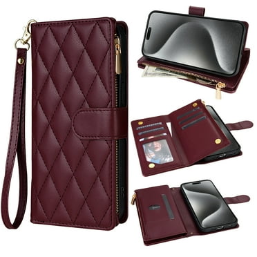 for iPhone 16 Wallet Phone case with Card Holder,Kickstand RFID Blocking PU Leather Flip Shockproof Phone Cover with Hand Strap Zipper Credit Card Holder Slots for Women Men,Winered
