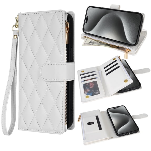 for iPhone 16 Wallet Phone case with Card Holder,Phone case RFID Blocking PU Leather Flip Shockproof Cover with Hand Strap Zipper Credit Card Holder Slots for Women Men,White