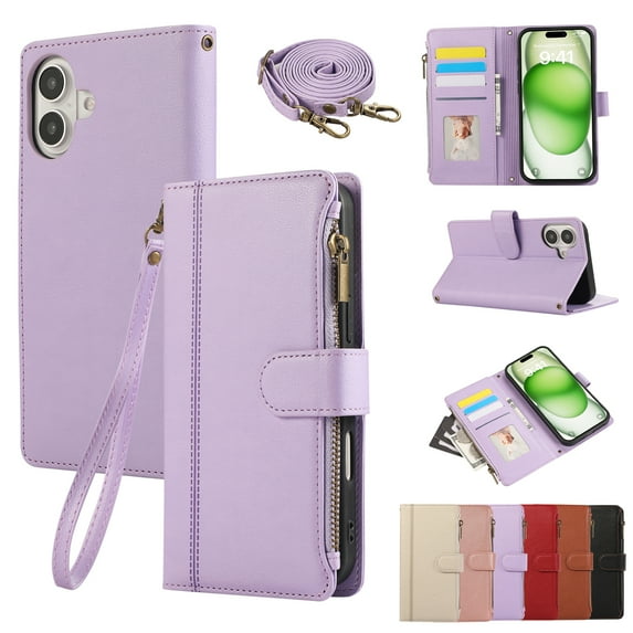 for iPhone 16 Wallet case with Card Holder for Women Men,Phone case RFID Blocking PU Leather Flip Cover with Strap Zipper Credit Card Slots,Kickstand,With Wrist Strap,Purple