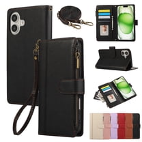 for iPhone 16 Wallet case with Card Holder for Women Men,Phone case RFID Blocking PU Leather Flip Cover with Strap Zipper Credit Card Slots,Kickstand,With Wrist Strap,Black