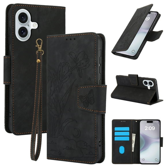 for iPhone 16 Wallet case with RFID Blocking Credit Card Holder,Flip PU Leather Emboss Butterfly Flower Shockproof Protective Cover Women Men for iPhone 16 Phone case,Black
