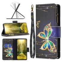 for iPhone 16 Zipper Wallet Case with Credit Card Slots, Floral Flower Pattern PU Leather Flip Cover for Women Girls, Wrist Hand Strap Kickstand Magnetic Clasp Case, Gold Butterfly